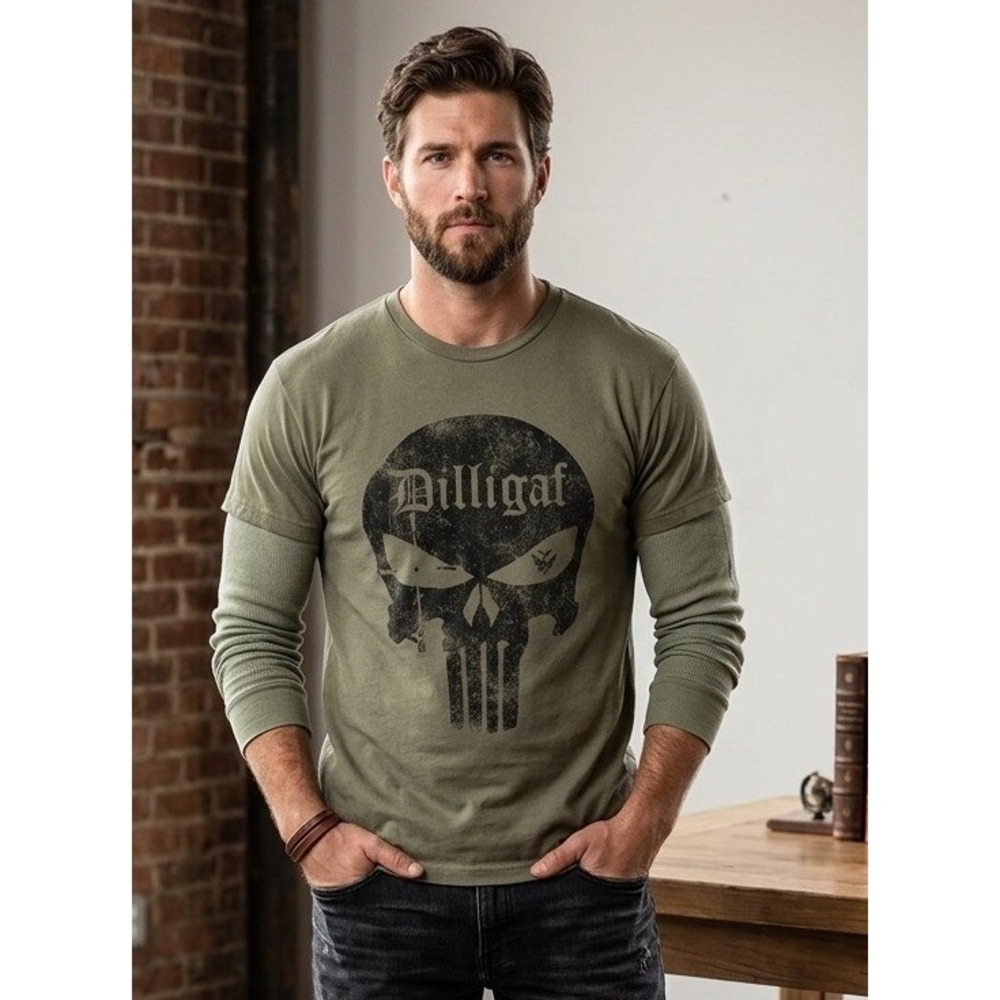 Next Level Apparel Graphic Layered Long Sleeve Shirt Men L Green Dilligaf Skull
